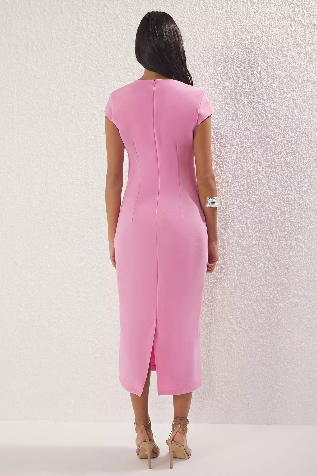 Pink Belted Straight Body-Hugging Midi Woven Dress Twoss25El00211