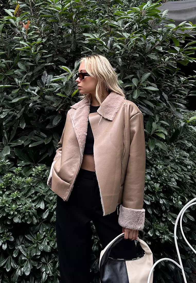 Furry Zipper Faux Leather Coat