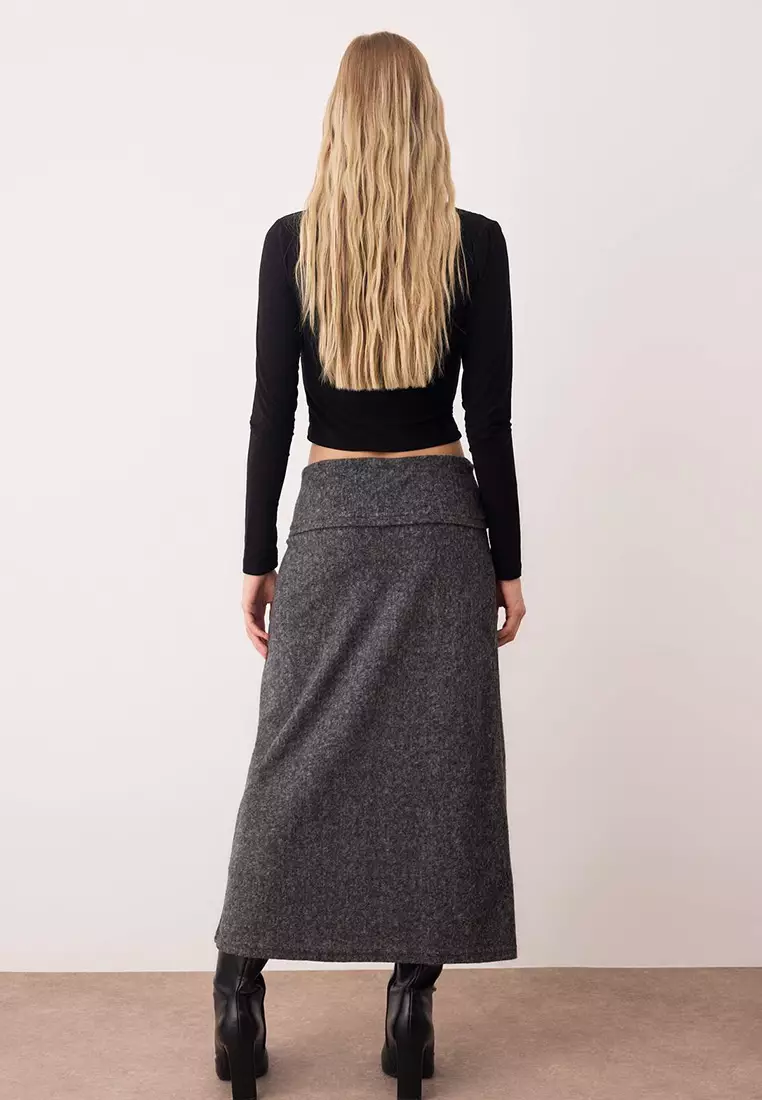Anthracite Melange A-Line/Flare Cut Waist Folded Knitted Skirt