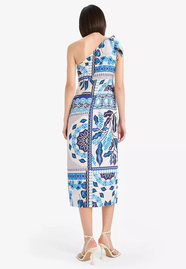 Tropical Print One Shoulder Poplin Dress