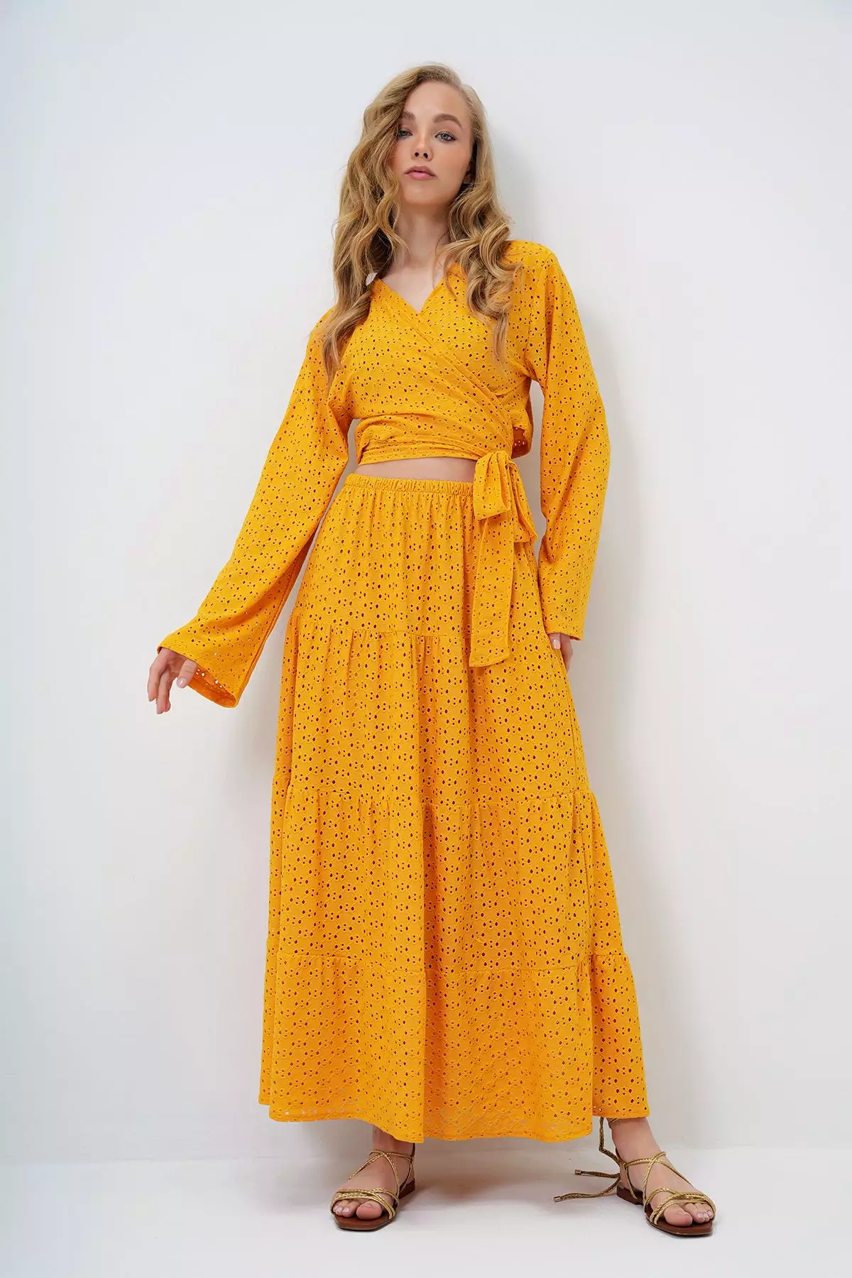 Women's Mustard Yellow Katkat Flounce Guipure Premium Skirt Alc-X14141