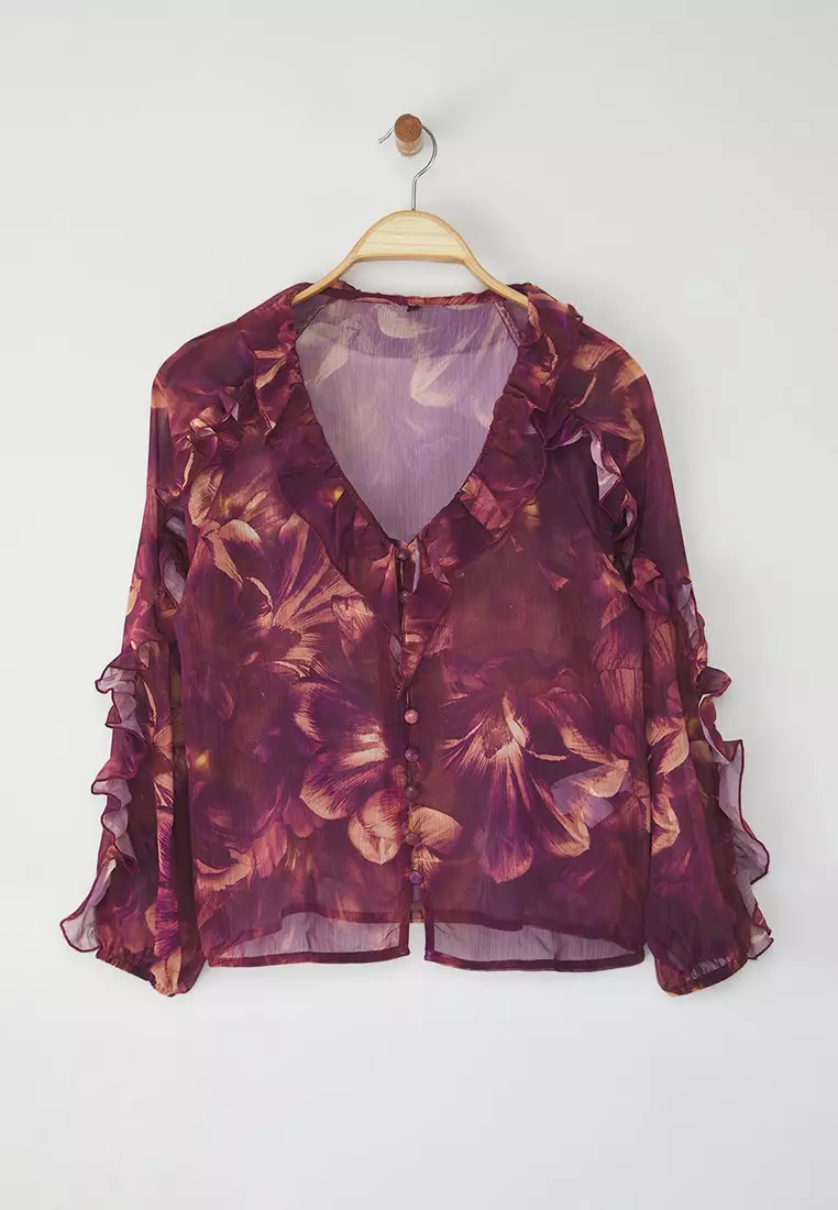 Plum Chiffon Transparent Floral Ruffle Woven Shirt TWOSS25GO00063