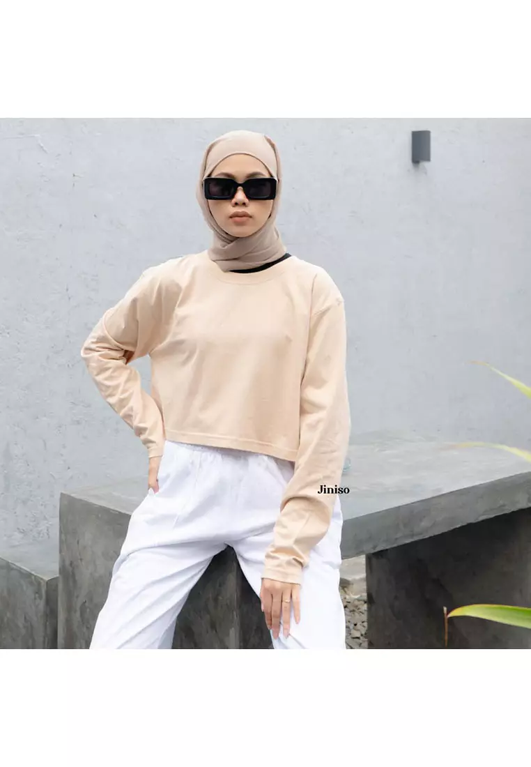 Kaos Crop Top Oversize Lengan Panjang Polos T-Shirt