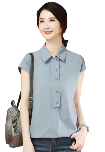 A-IN GIRLS blue Fashion Solid Color Stitching Blouse 3B0E5AAFDAC120GS_1