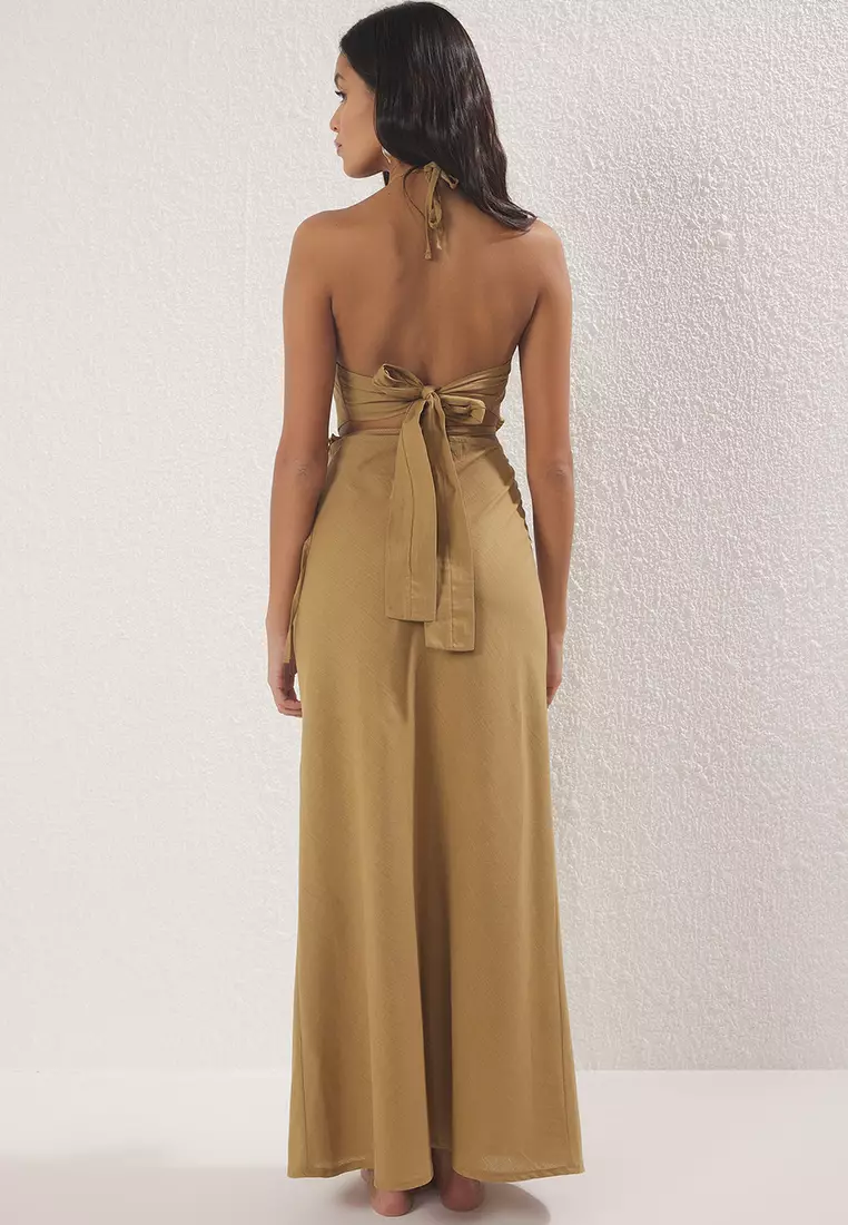Khaki Woven Halter Neck Back Detail Beach Blouse Skirt Suit Tbess25Au00089