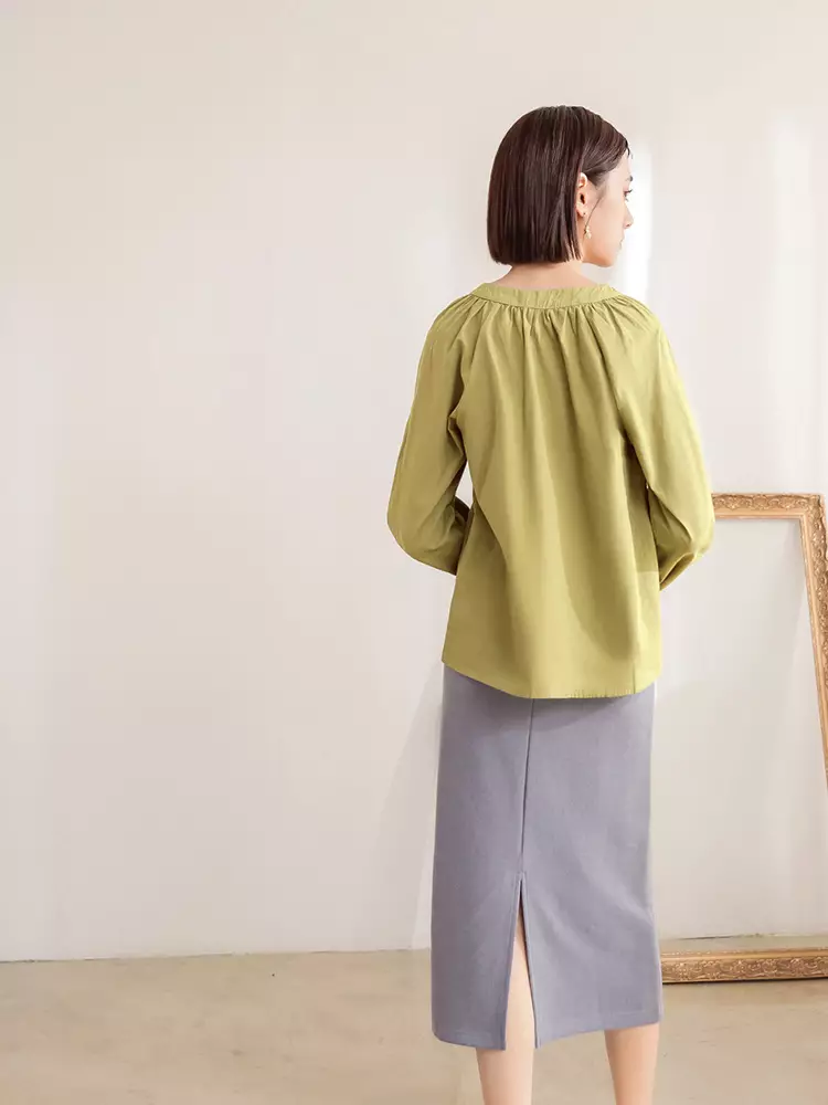 Small V-Neck Pleated Puff Sleeve Solid Top [AB17574]