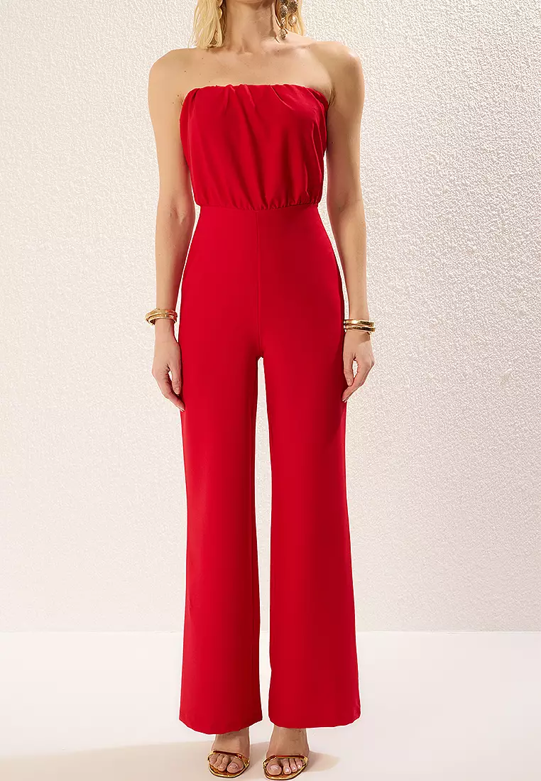 Red Strapless Woven Stylish Jumpsuit