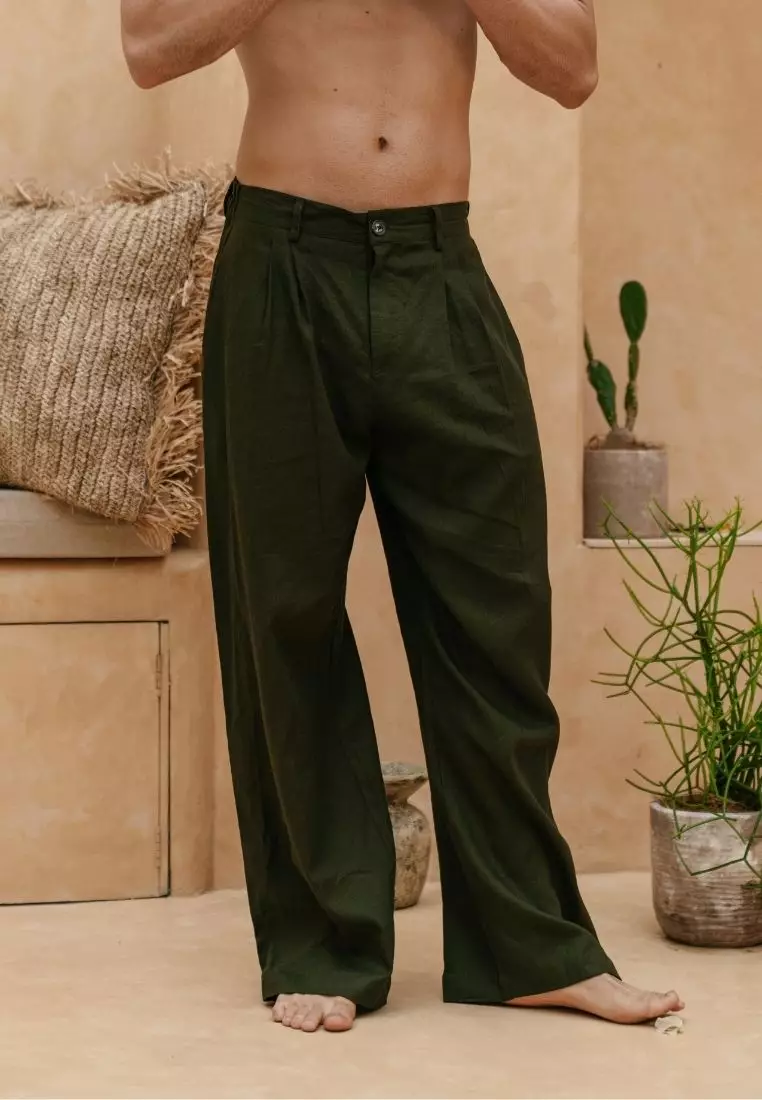 Miles Celana Panjang Baggy Berkancing Linen Pria Warna Hijau Army | Linen Baggy Pants Men Army Green