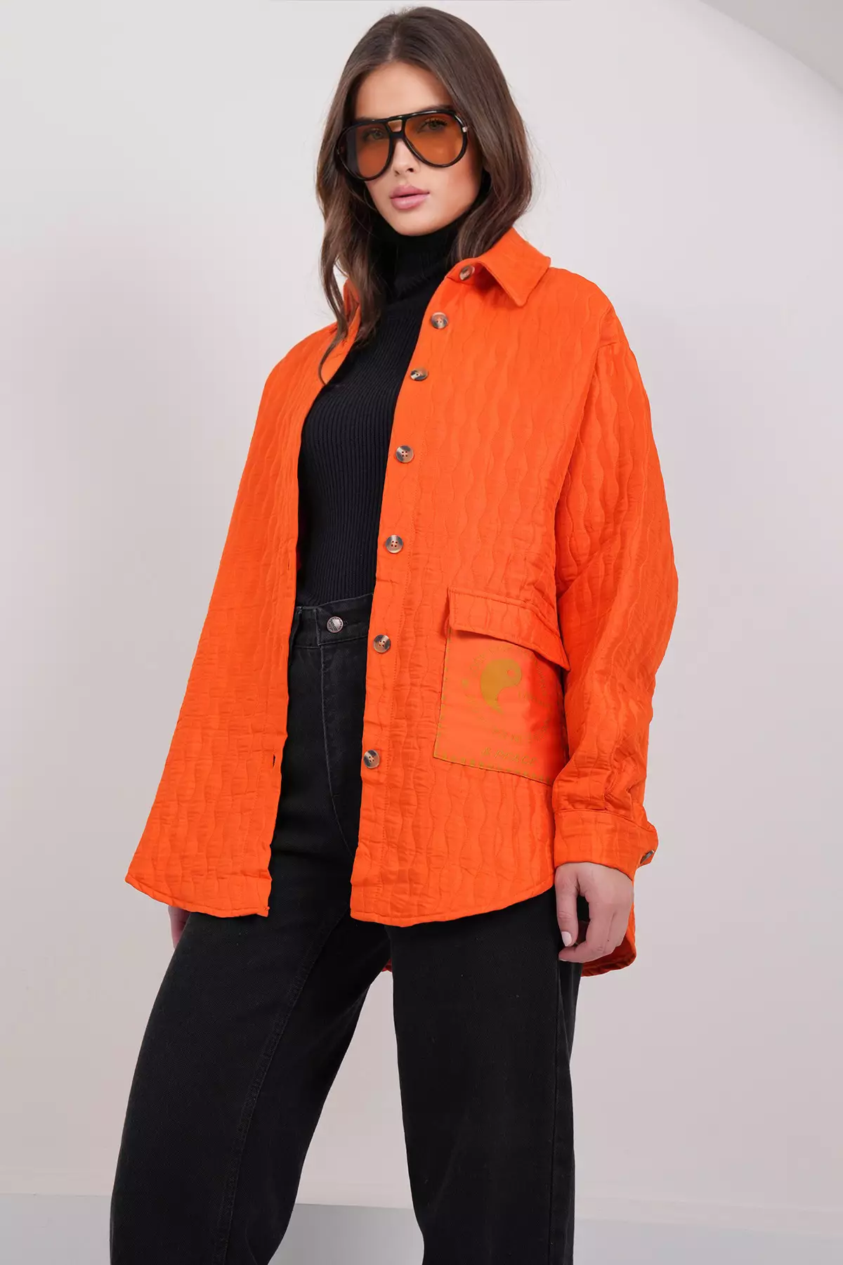 Women'S Orange Pocket Detailed Quilted Shirt Jacket Alc-X14986