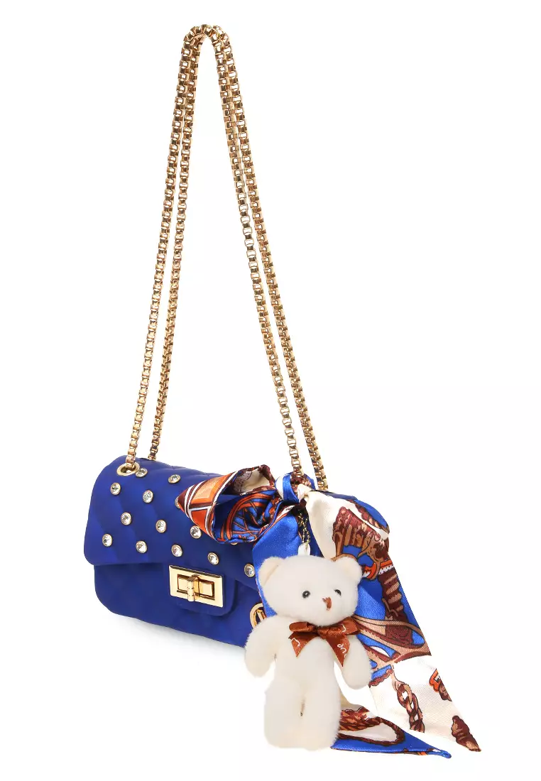 Hata Tas Slempang Wanita Free Boneka & Syal Random Slingbags Jelly - Biru