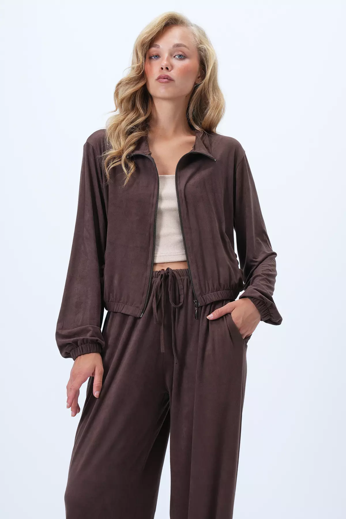 Women'S Bitter Coffee Stand Collar Zip-Up Soft Textured Suede Jacket Double Pocket Pants Suit Alc-X14445