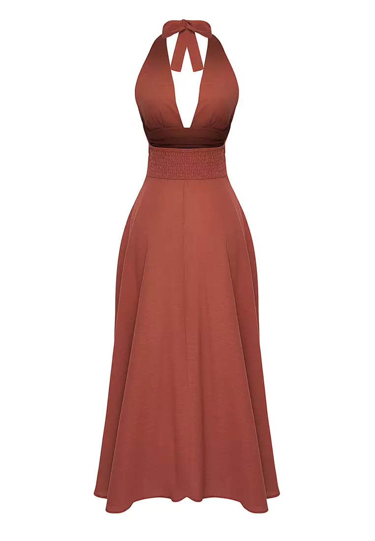 Brown Woven Midi Halter 100% Cotton Beach Dress Tbess25El00129