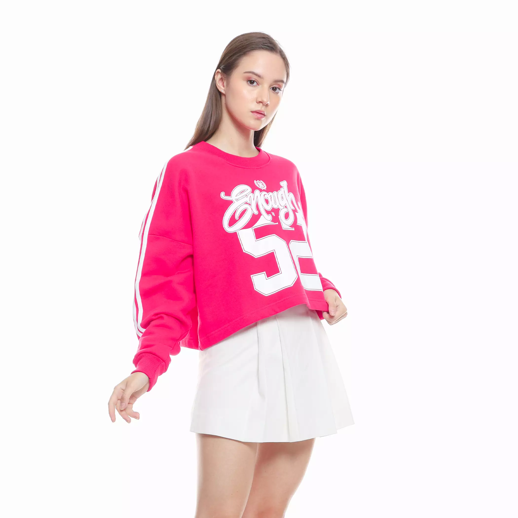 Enough For Today - Sweater Crewneck Crop Oversize Wanita Jersey Nomer Variasi Garis Tangan Fuschia 52 Pink