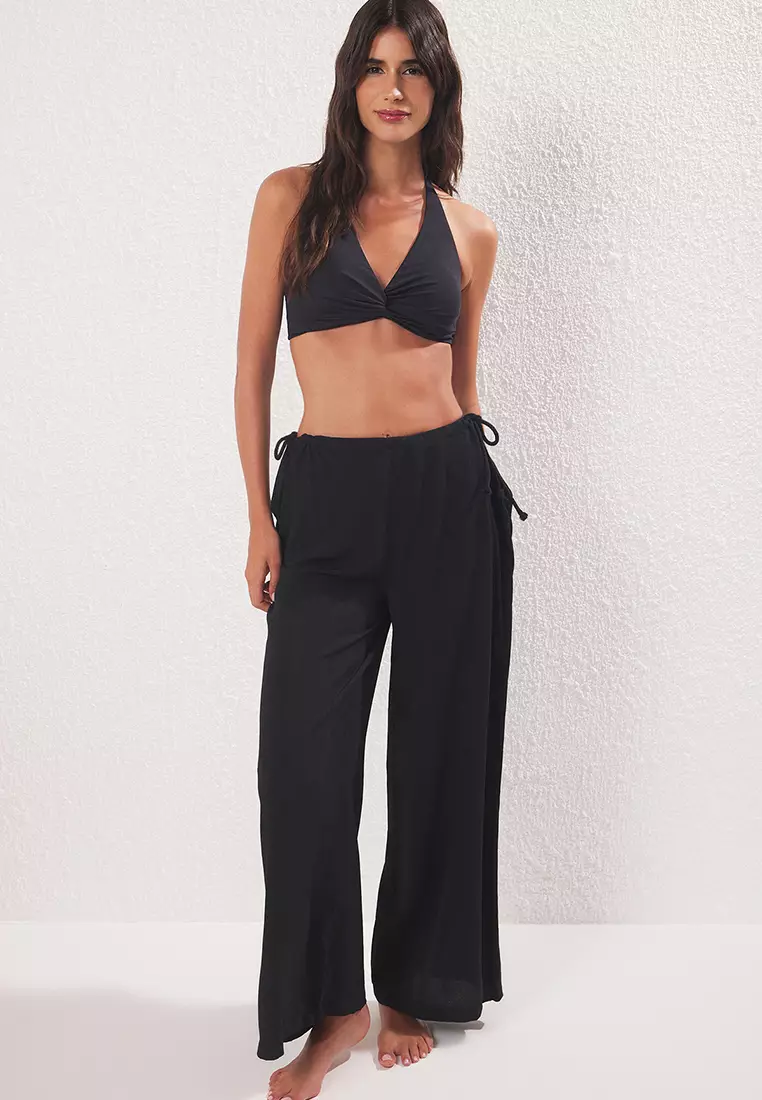 Black Woven Side Tie Beach Pants Tbess25Pl00006