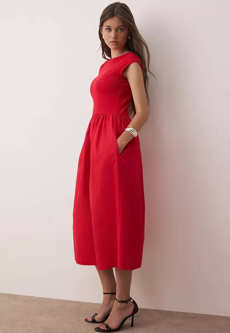 Red Terrycotton Contrast Woven Dress With Flexible Ribbed Top And Wide Bottom