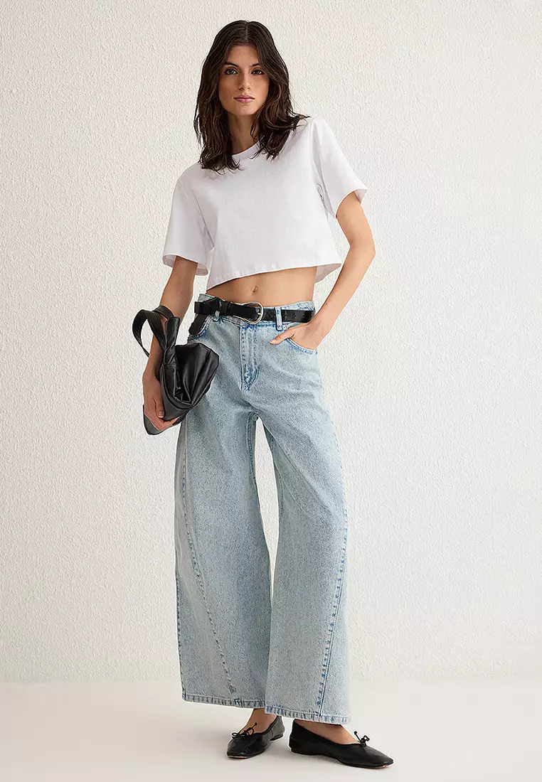 Light Blue Stitch Detail Low Waist Barrel Baggy Jeans
