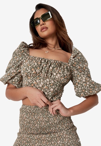MISSGUIDED green Coord Puff Sleeve Corset Crop Top 3E9A6AA4177AFDGS_1