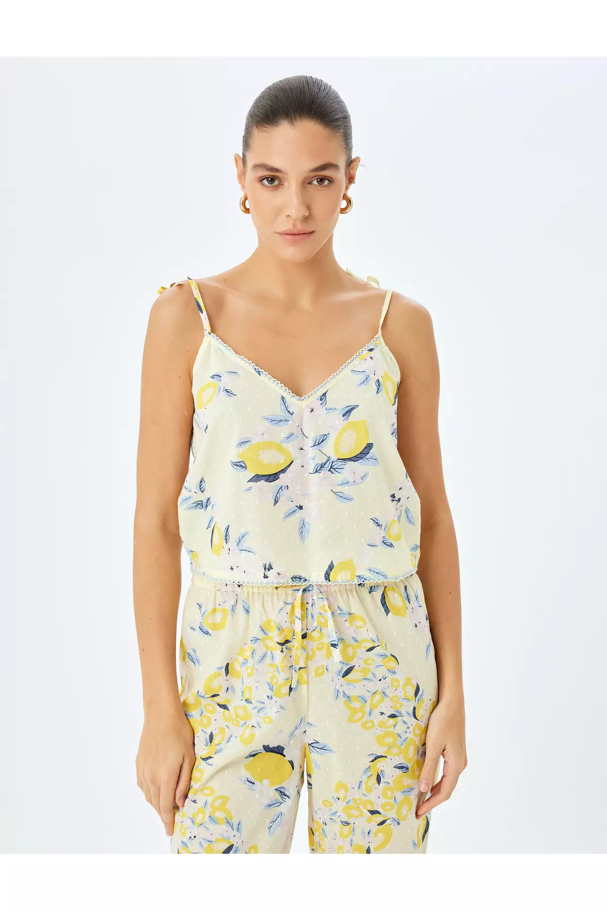 V領幼帶檸檬印花棉質睡衣上衣