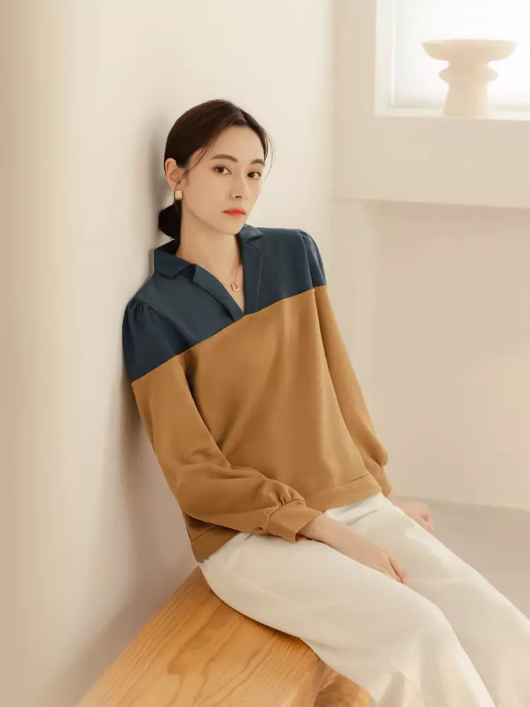 Collared color-blocked long-sleeve sweatshirt [AB19172]