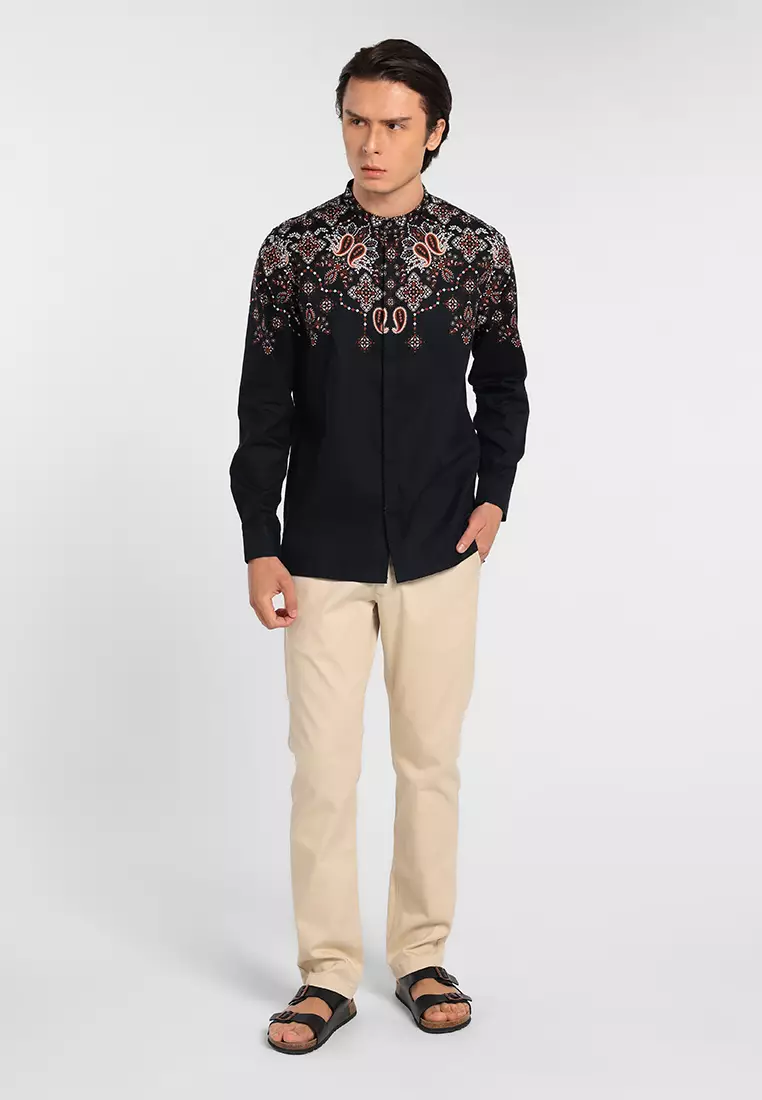 MANZONE - Mahnoor LS - Kemeja Koko Shanghai Lengan Panjang Pria - Black Warna Black
