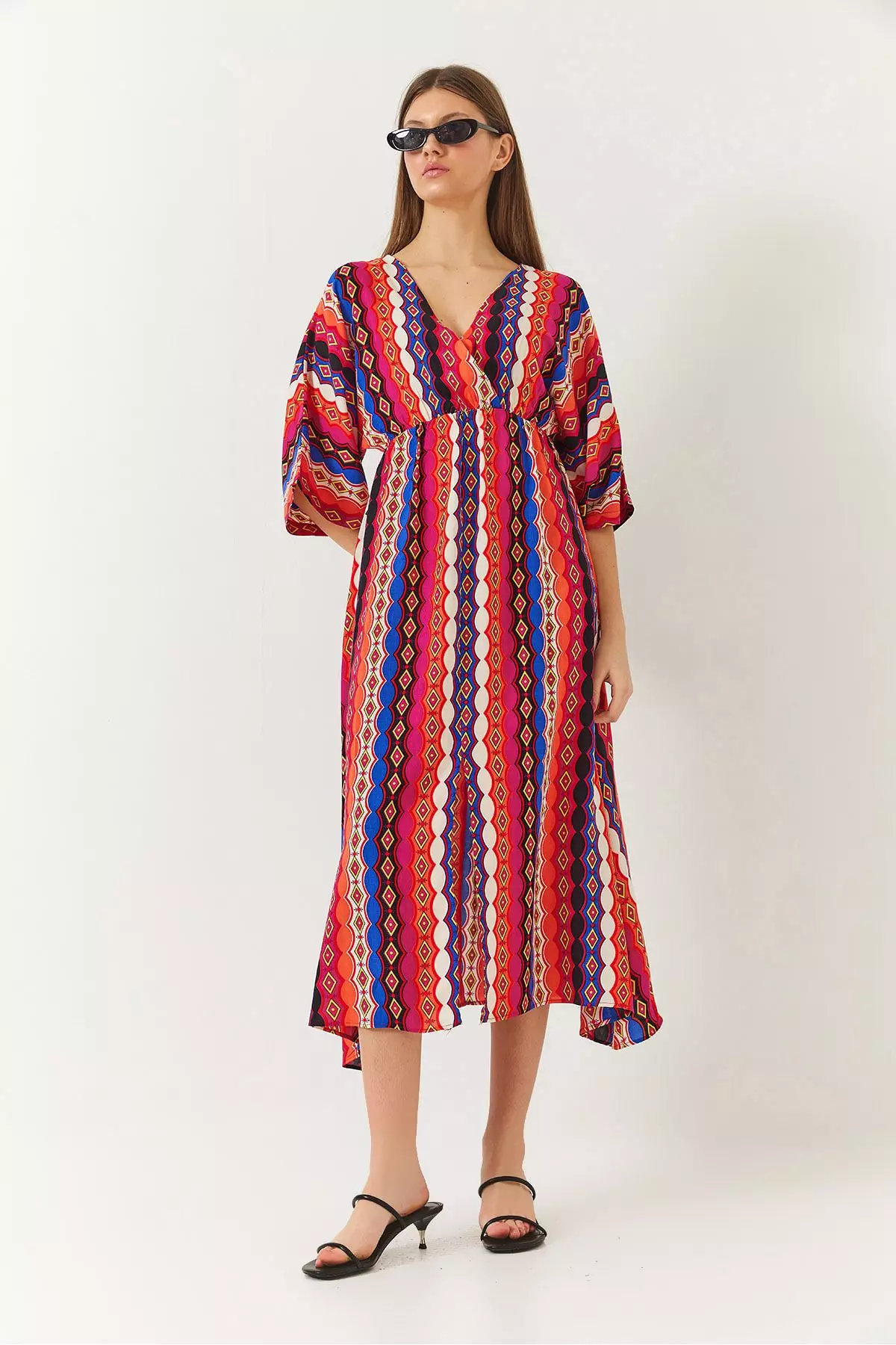 Women's Double Breasted V Neck Front Slit Detail Print Dress 60261411