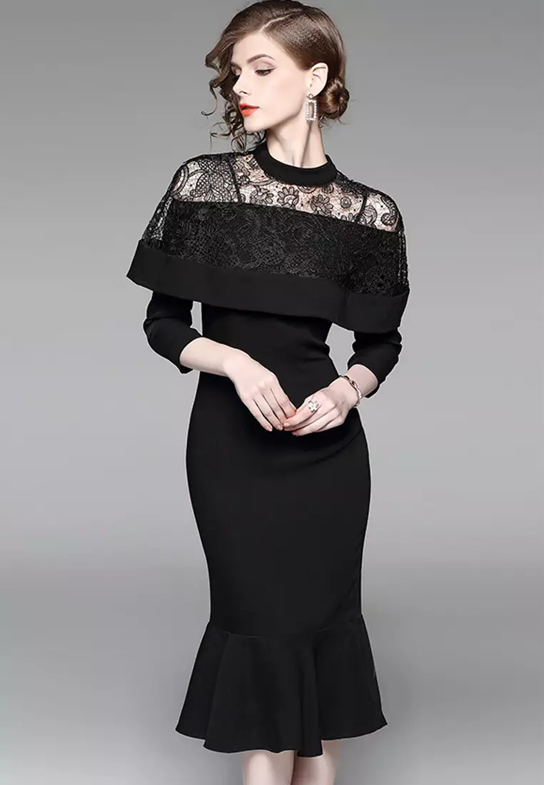 black dress plus size casual Akep - Black lace stitch knit dress main image 0