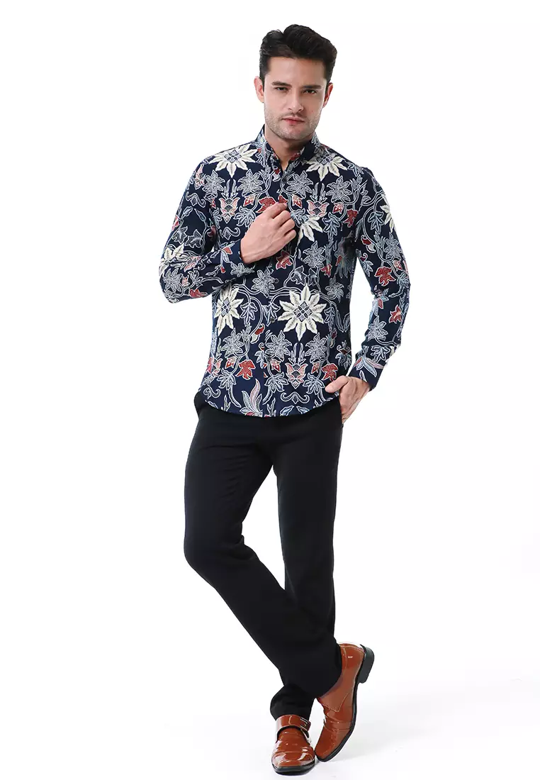 Blade Kemeja Formal Pria Batik Lengan Panjang Motif Bunga Material Cotton ORIGINAL - Blue