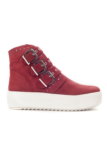 Shu Talk red Amaztep Suede Leather High Top Buckle Platform Sneakers 050FDSHEFA638EGS_1