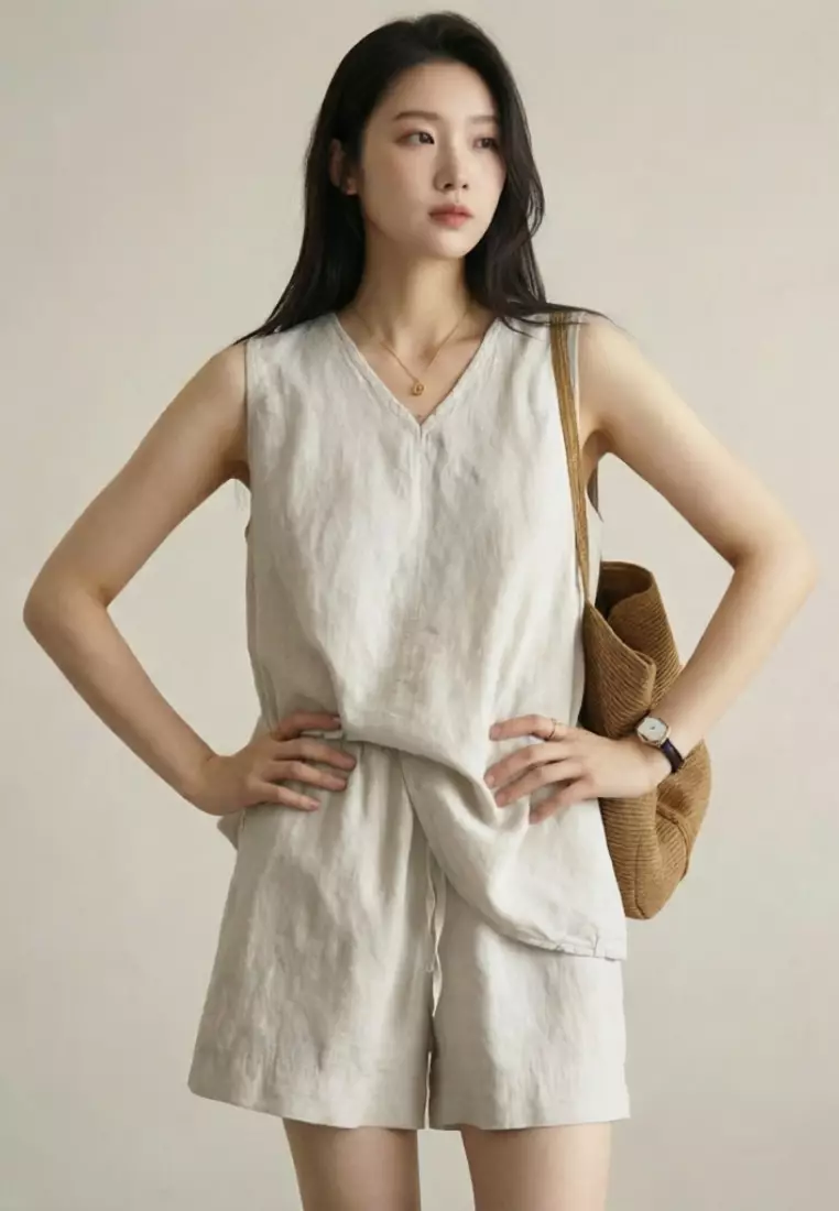 Korean-style Relaxed Linen Tank Top & Shorts Set CA26041054BE