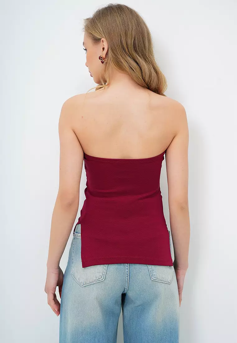 Women's Burgundy Strapless Side Slit Steel Knit Blouse Alc-X13752