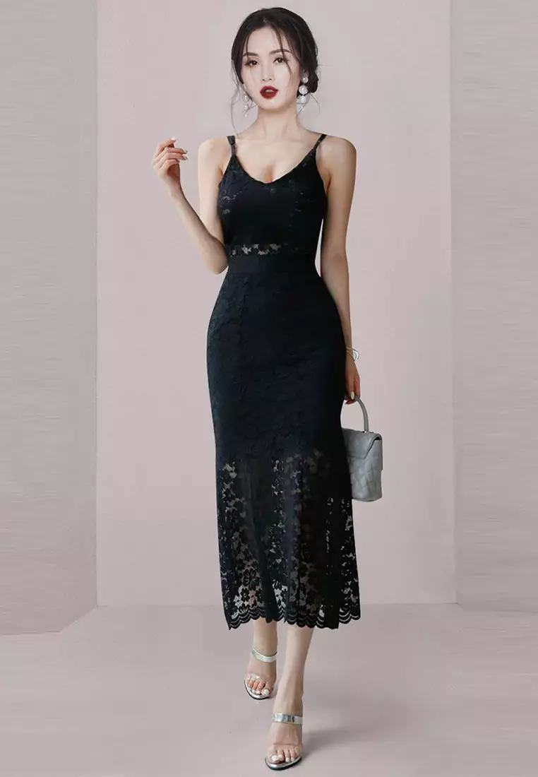 French Style Black Hollow Lace Strap Dress CA100568