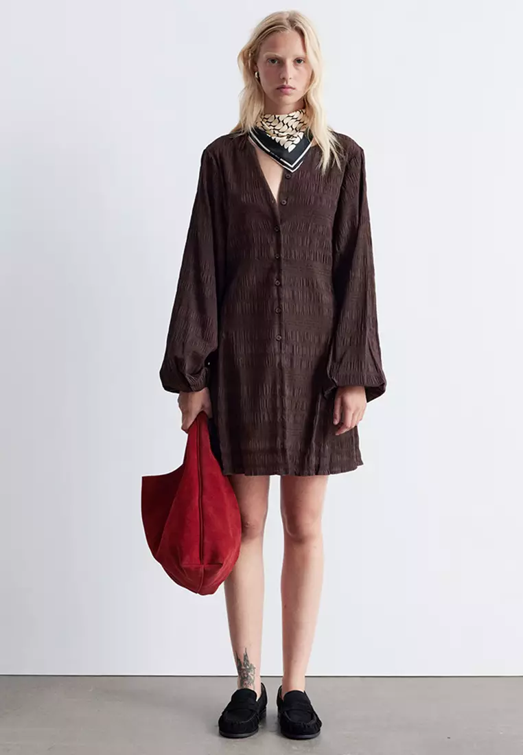 Smocked Balloon-Sleeved Mini Dress