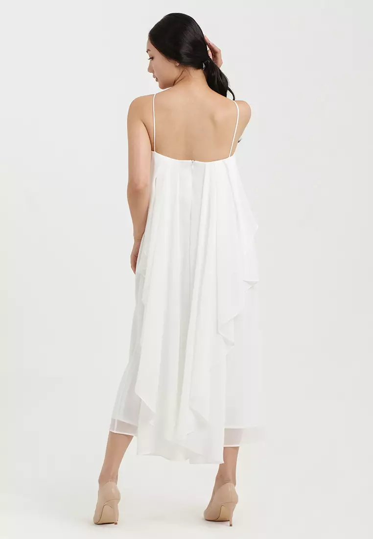 Waterfall Chiffon Midi Dress in White