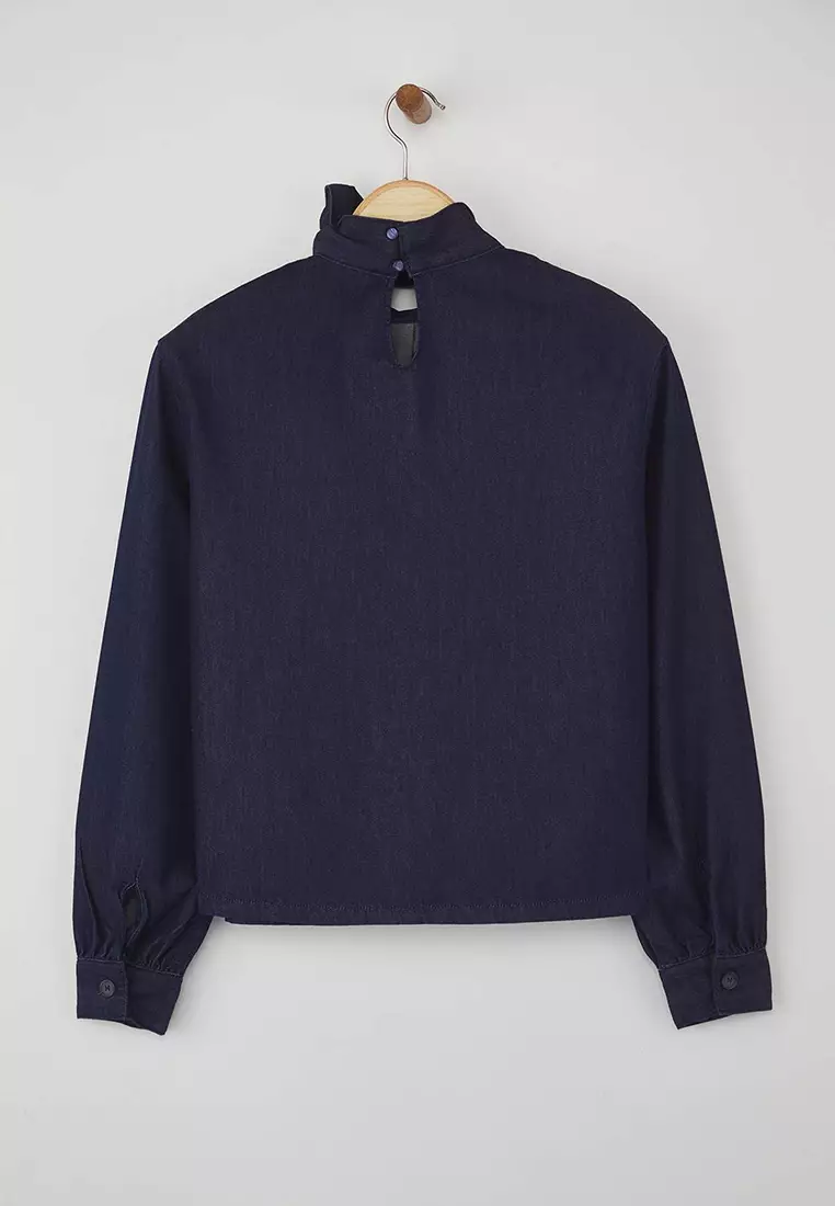 Dark Blue Tie Collar Detailed Denim Blouse Twoaw26Bz00089