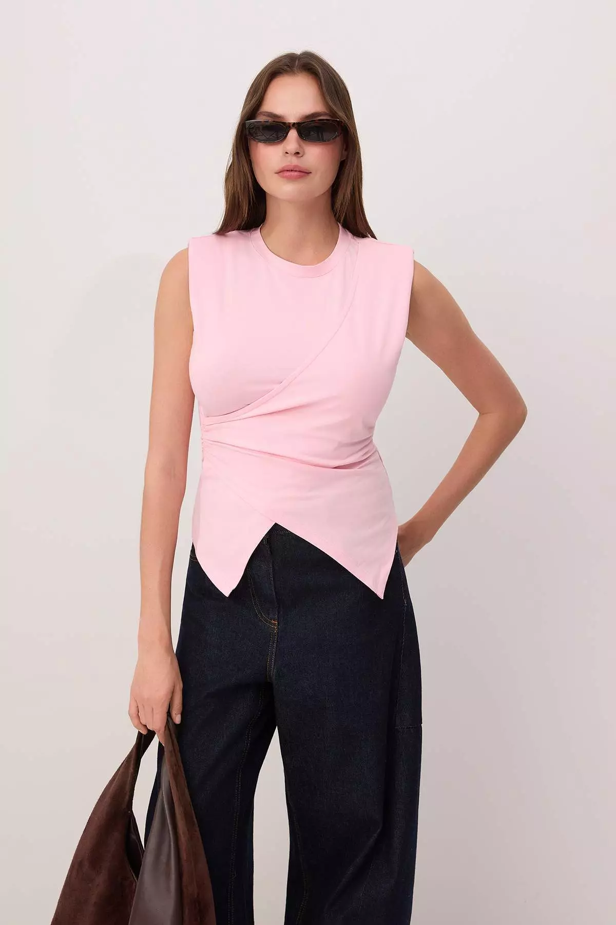 Light Pink Fitted/Sleeveless Asymmetrical Cotton Stretch Knitted Blouse Twoss26Bz81