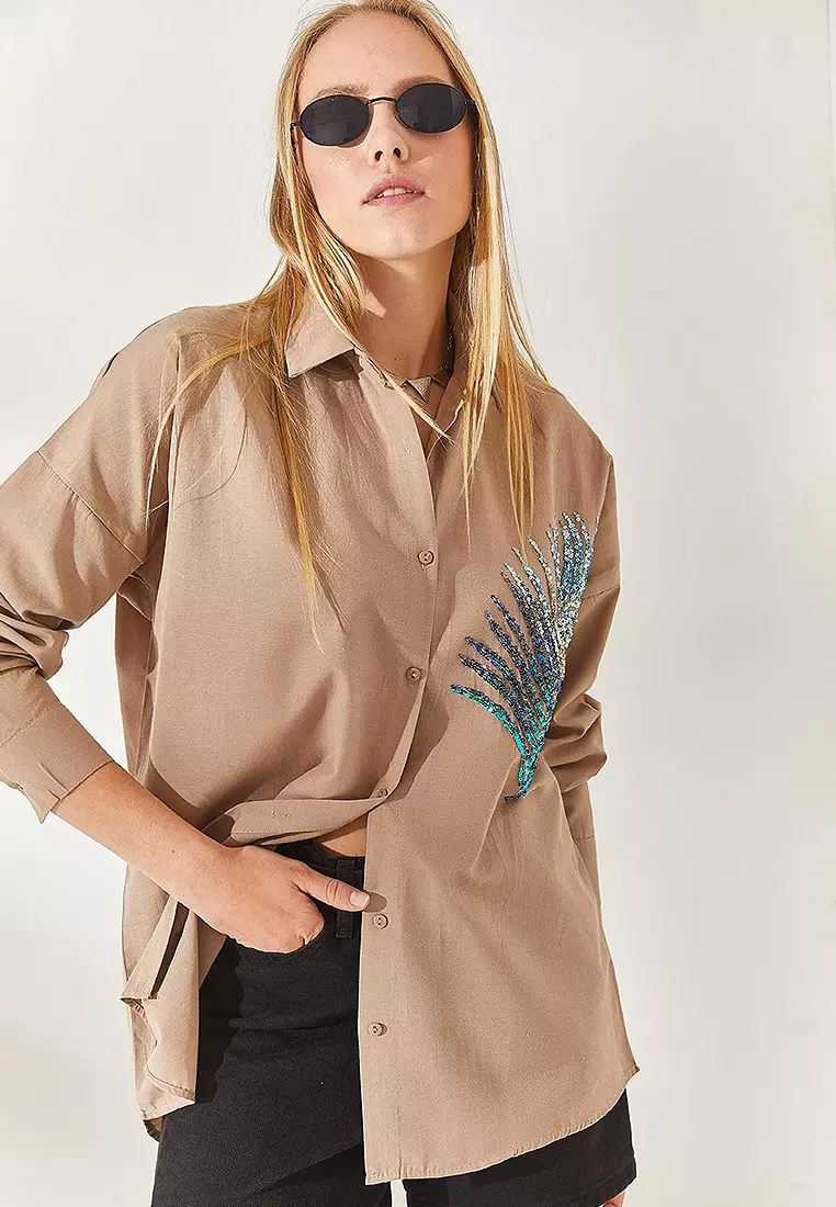 Sequin Oversize Poplin Shirt