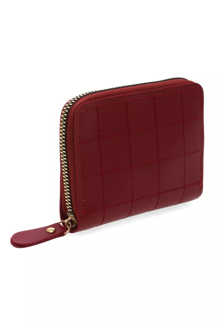 Dompet Zip Motif Kotak-Kotak Design Casual Small Wallet Premium Quality - Merah