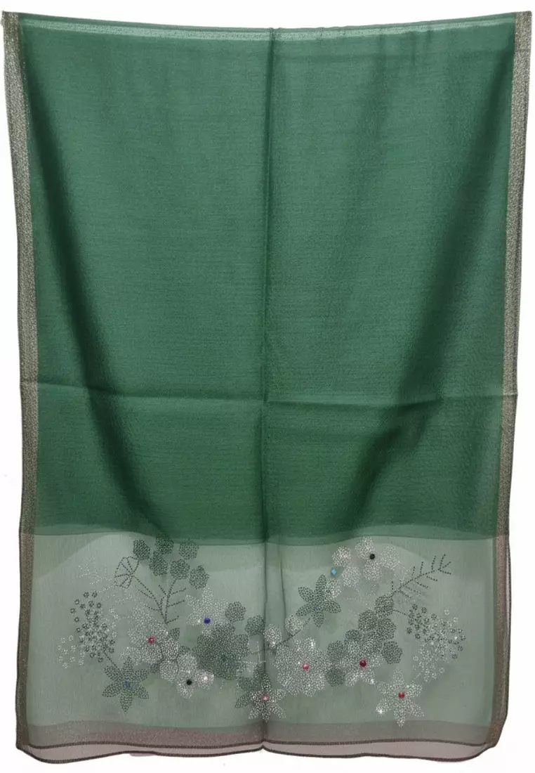 Aksesoris Syal Pesta Wanita Floral Pattern Studs Embellish Silk Shawl Syal Sutra Wanita Evening Shawl Emerald Green