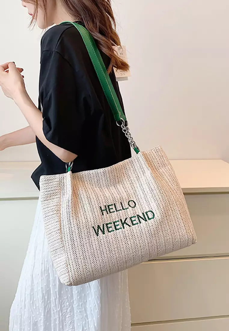 Wakakids Tas Wanita Bahu Shoulder Bag Tote Bag Bahan Anyam Jerami Motif Hello Weekend Venrz Coklat