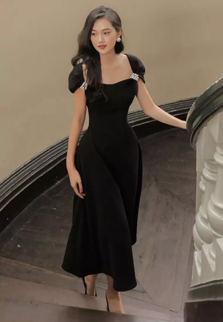 2024 French Style Off Shoulder Slim Fit Black Dress CA4021928BK