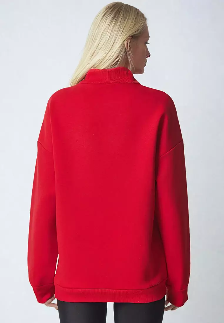 Women's Red Half Turtleneck Sweatshirt With Underwire Alc-X12627