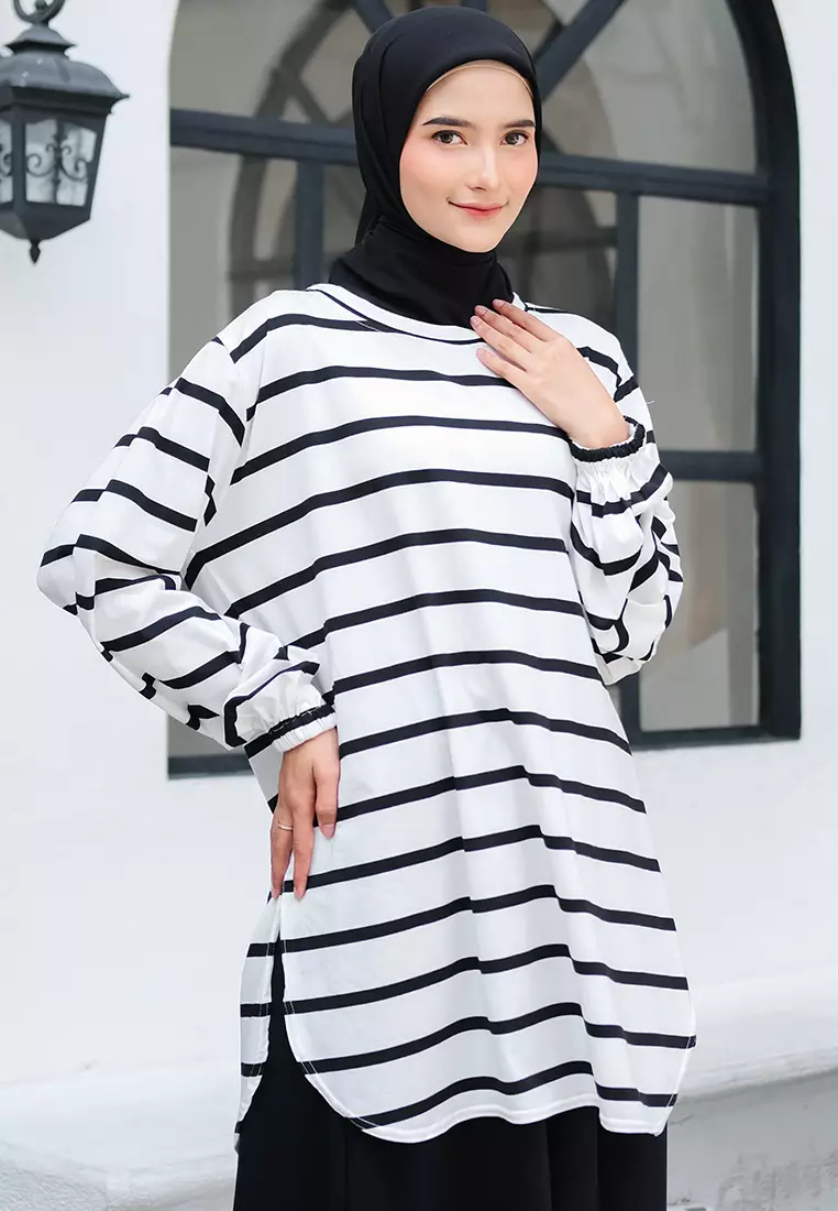JV Hasanah Baju Kurung Oval Big Stripe White | Atasan Baju Kurung Oval Salur Besar Kaos Adem