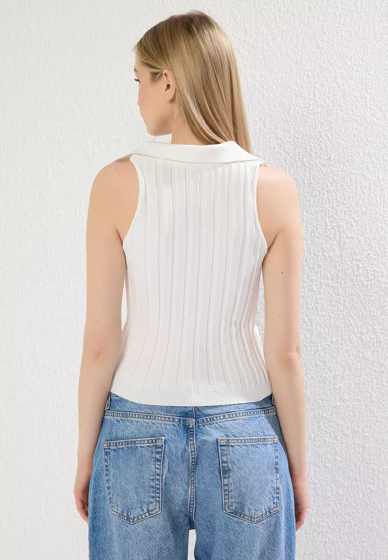 Bone Crop Polo Neck Ribbed Knitwear Slim Blouse