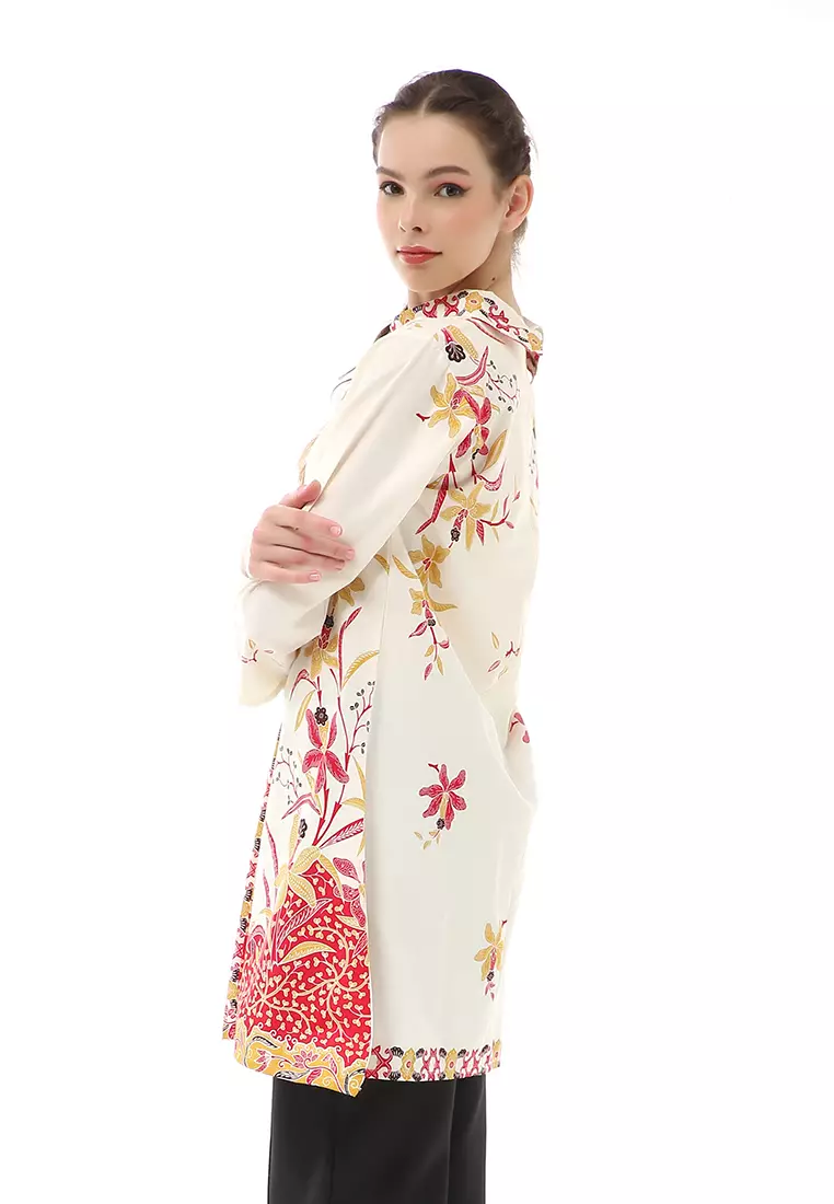 Olaf Atasan Batik Wanita Tunik Traditional Motive Elegant Design Material Cotton ORIGINAL - White Red