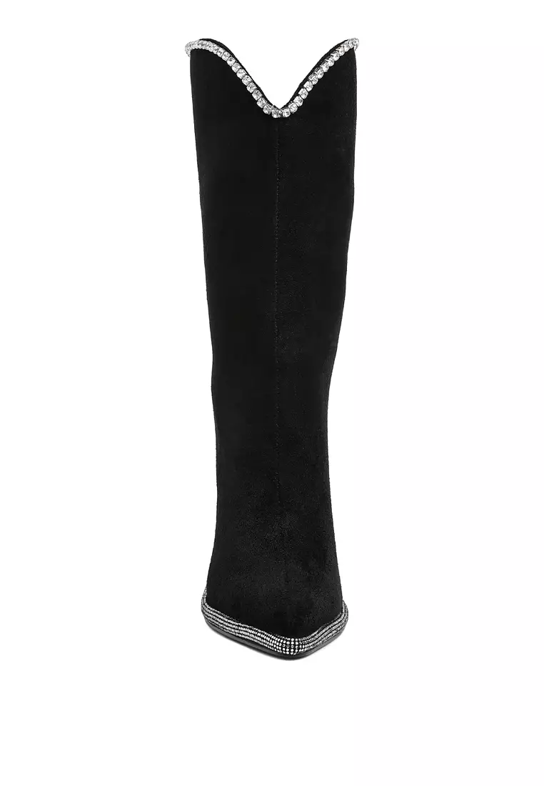 Diamante Chain Detail Calf Boots in Black