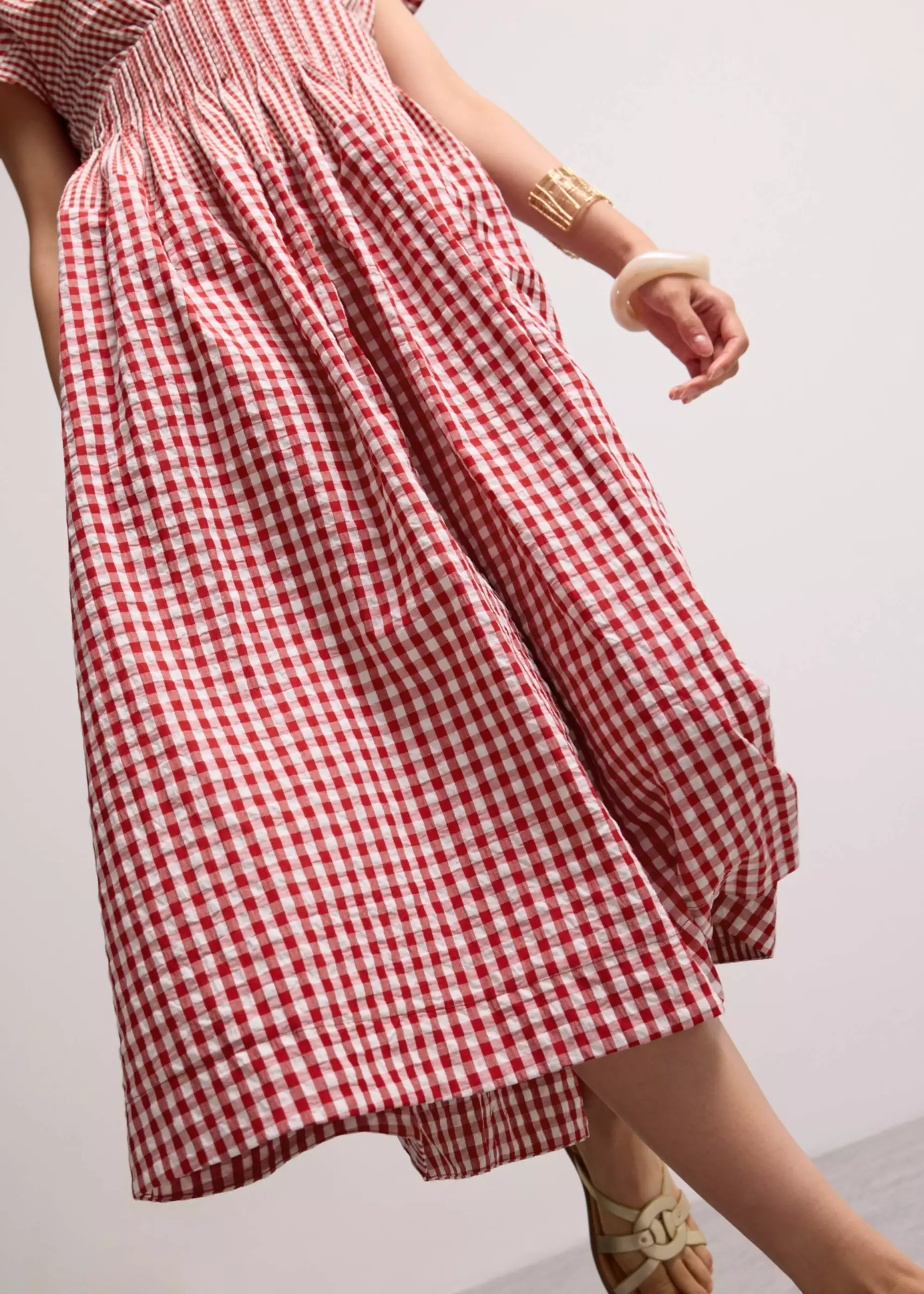 Dress Wanita - Gingham Seersucker V-neck Cap Sleeve Fit & Flare Midaxi Dress