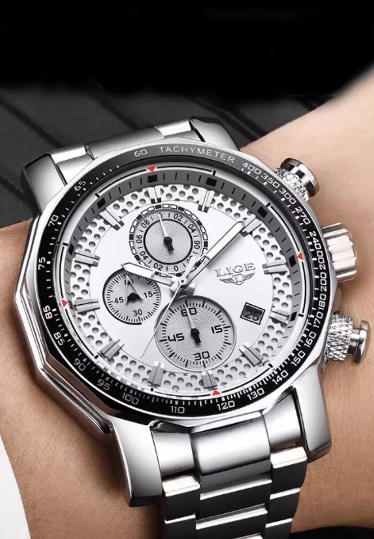 Chronograph Unisex Stainless Steel Quartz Watch, Black Bezel, White dial on Steel Bracelet