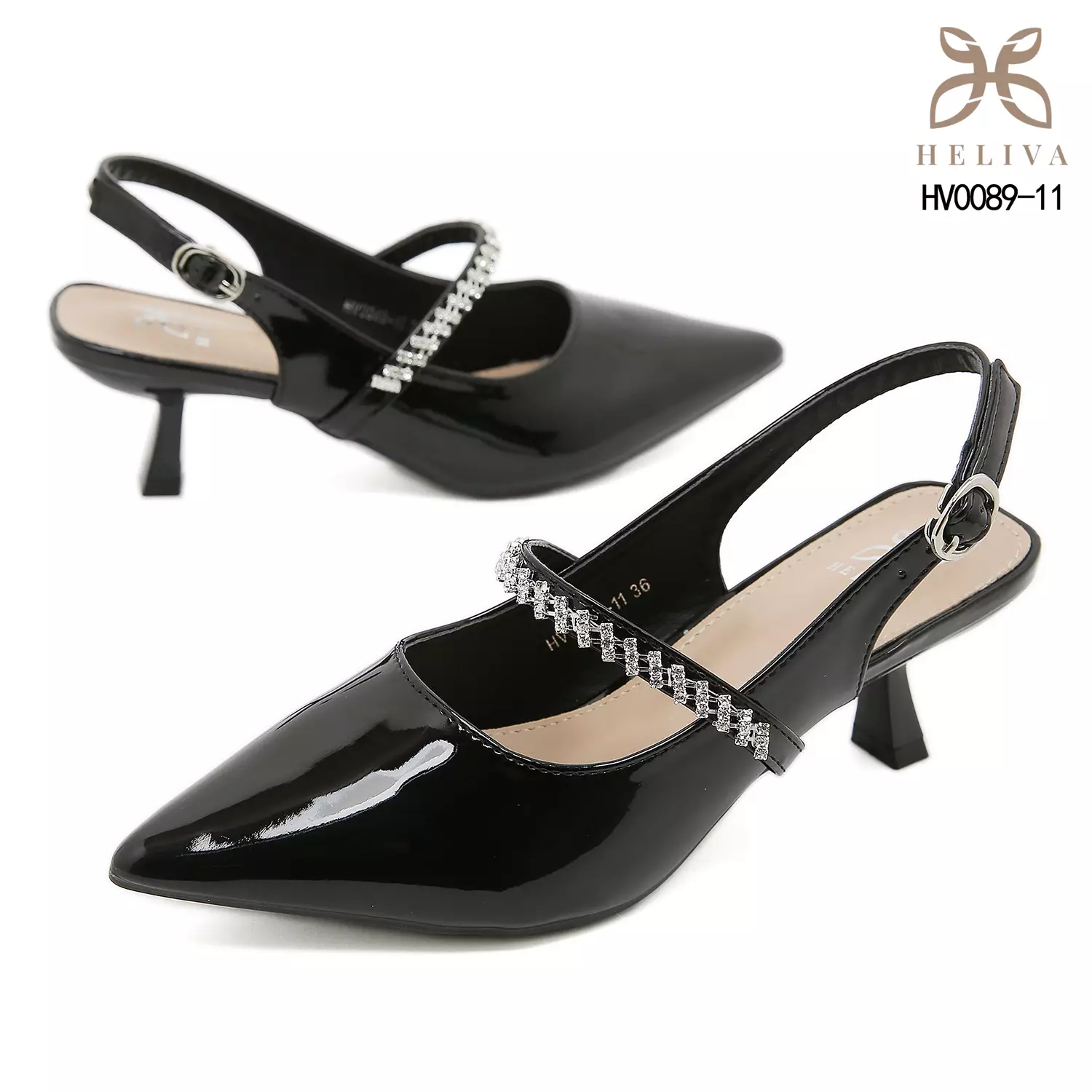 HELIVA AILEEN Glossy Slingback Heels with Crystal Sparkle 5.5cm