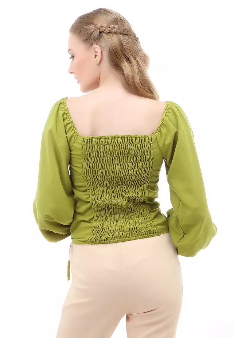 Cheva Blouse Atasan Wanita Sabrina Tali Lengan Panjang Casual Top Long Sleeve Comfortable Material Wolfis ORIGINAL - Green