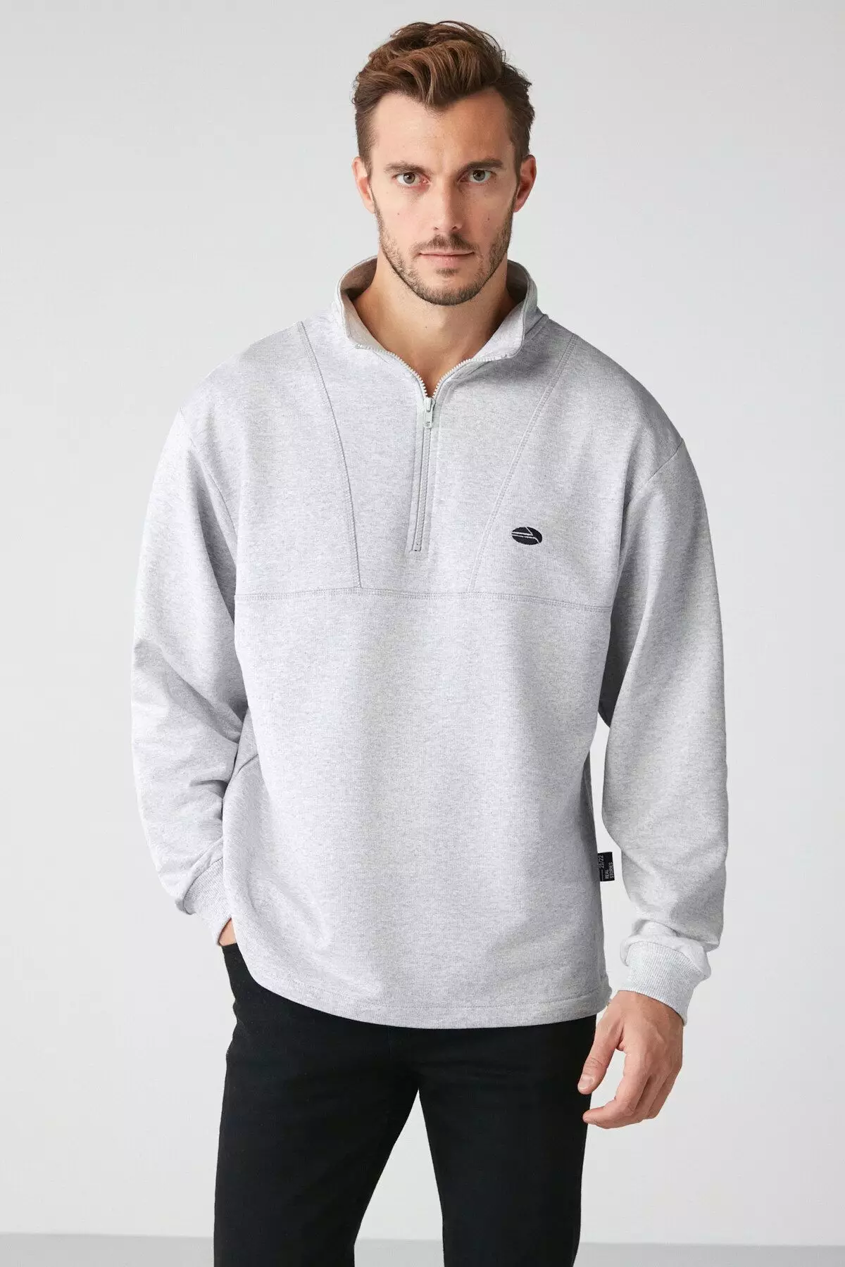 Embroidery Detailed Stopper Elastic Zipper Stand Collar Sweatshirt